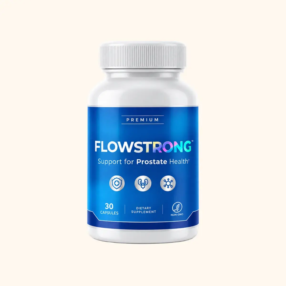 FlowStrong Capsules — premium dietary supplement bottle for prostate health, 30 non-GMO capsules